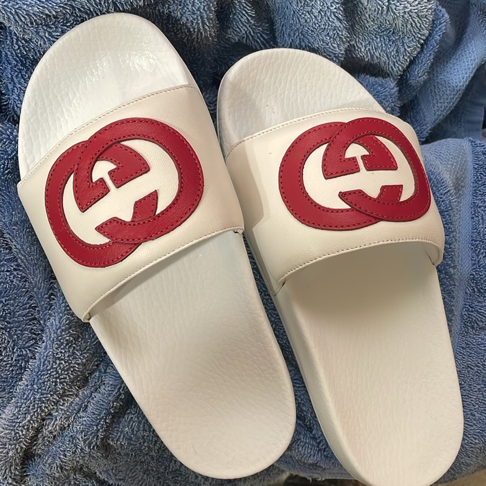 Gucci Nappa Miro Soft Calfskin Interlocking G Slide Sandals 37 White Red - Picture 7 of 7